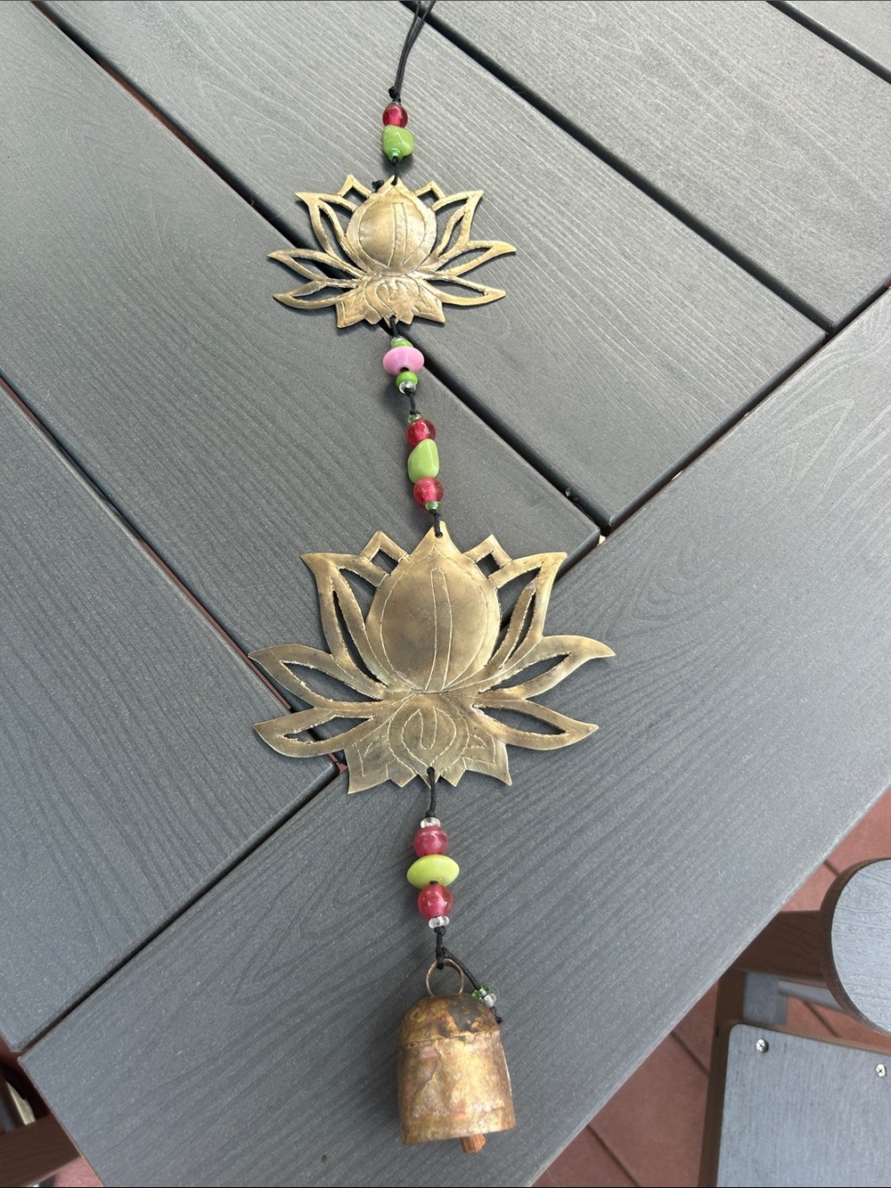 Brass Lotus Bell Wall Hanging with Red and Green Beads